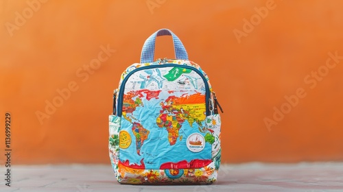 A colorful backpack featuring a world map design, perfect for travel enthusiasts and children alike, set against a vibrant orange background. photo