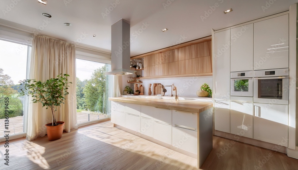 Minimalist white kitchen interior featuring sleek cabinetry with soft-close drawers, a wide Minimalist white kitchen interior featuring sleek cabinetry with soft-close drawers, a wide