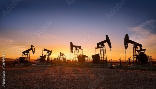 Multiple pumpjacks in silhouette, aligned in the distance, set against a golden sunrise with