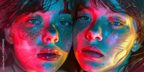 Close-up Portrait of Two Individuals with Multicolored Body Paint