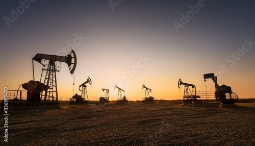 Multiple pumpjacks in silhouette, aligned in the distance, set against a golden sunrise with