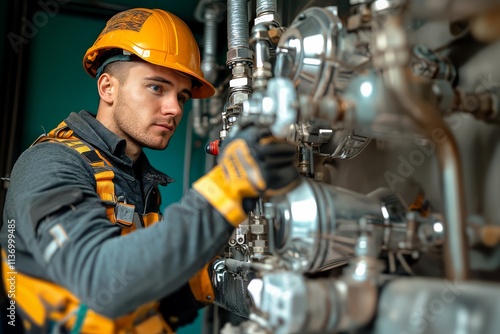 Professional industrial worker in safety gear operating machinery in a factory setting, handyman at work 