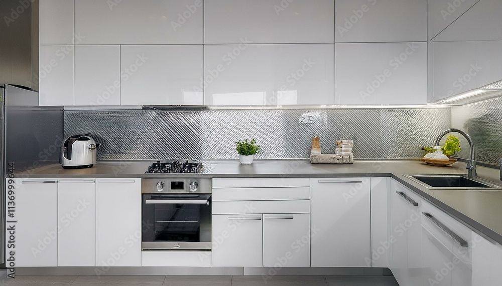 Small but functional white kitchen with clean-lined cabinetry, a reflective backsplash, a co Small but functional white kitchen with clean-lined cabinetry, a reflective backsplash, a co