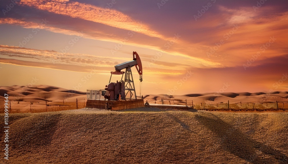 Single pumpjack towering over a barren field, framed by soft morning light, with wisps of cl Single pumpjack towering over a barren field, framed by soft morning light, with wisps of cl