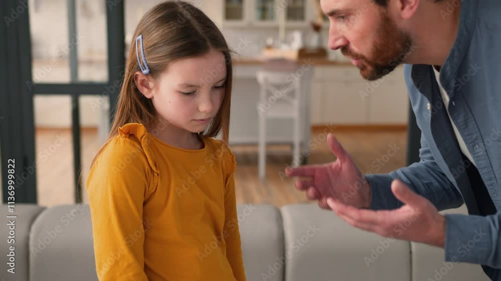 Angry Caucasian man guy speak shouting at guilty daughter little kid family conflict at home annoyed parent father punish naughty little child girl quarrel male dad taking away mobile phone discipline Angry Caucasian man guy speak shouting at guilty daughter little kid family conflict at home annoyed parent father punish naughty little child girl quarrel male dad taking away mobile phone discipline