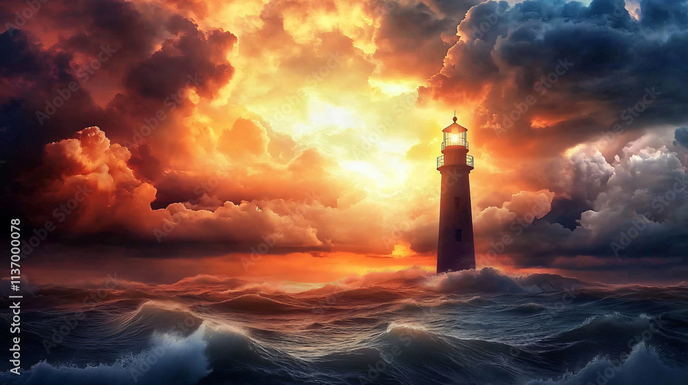 A lighthouse standing tall against a stormy sky, with the golden light of the sunset breaking through the dark clouds above the ocean. A lighthouse standing tall against a stormy sky, with the golden light of the sunset breaking through the dark clouds above the ocean.