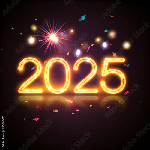 Happy New Year festive banner with colorful text, Bright New Year celebration background with fireworks and stars