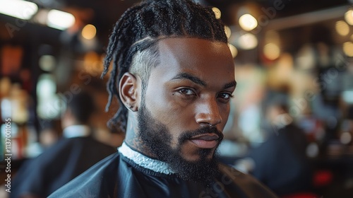 A man with dreadlocks and a beard sits in a barbershop, preparing for a haircut.