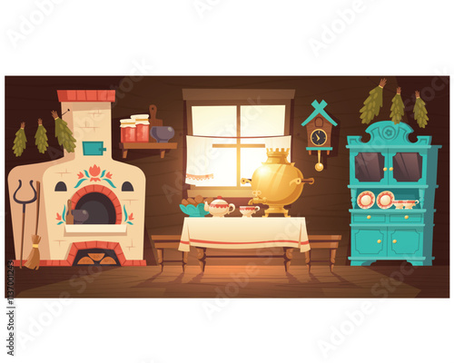 Interior of old russian kitchen, ukrainian house vector illustration