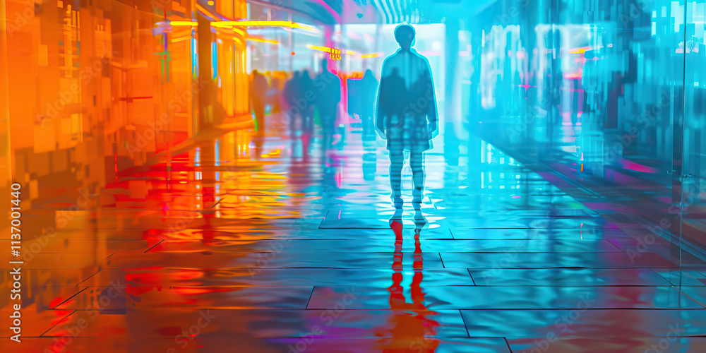 Person Standing in Neon-Lit Corridor with Wet Floor Person Standing in Neon-Lit Corridor with Wet Floor