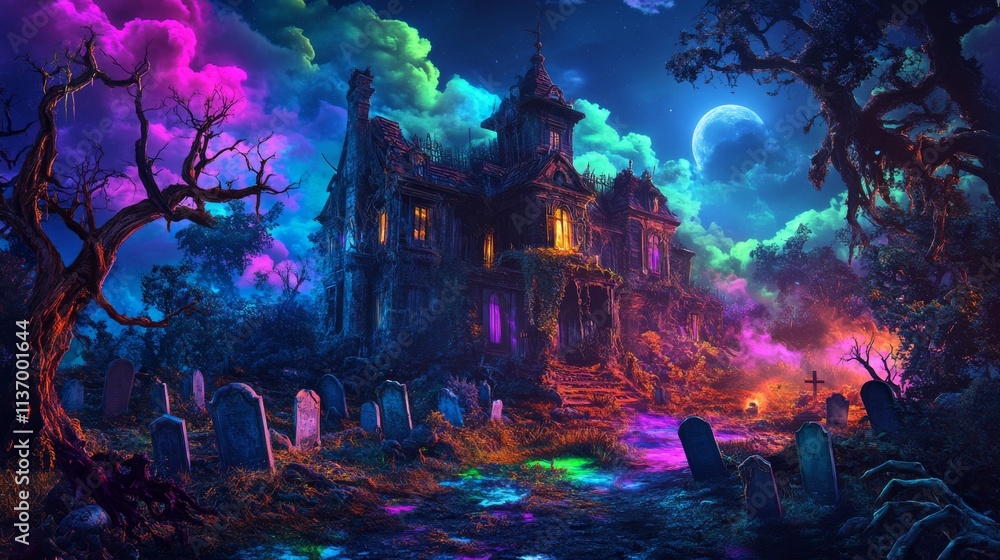 A mysterious haunted mansion sits eerily in a graveyard under a neon-lit sky, with vibrant colors creating a surreal atmosphere. The moon adds to the eerie, magical ambiance of the scene.. AI A mysterious haunted mansion sits eerily in a graveyard under a neon-lit sky, with vibrant colors creating a surreal atmosphere. The moon adds to the eerie, magical ambiance of the scene.. AI