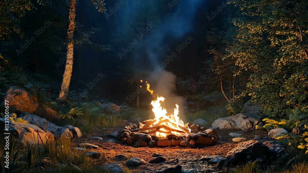 Immerse Yourself in a Tranquil Campfire Experience, Nestled within a Lush, Colorful Forest Under the Stars at Night Immerse Yourself in a Tranquil Campfire Experience, Nestled within a Lush, Colorful Forest Under the Stars at Night