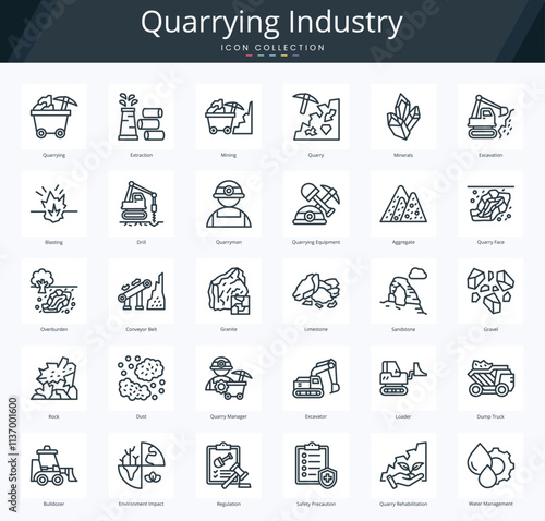 Quarrying industry outline icon pack for industrial mining and extraction of natural resources