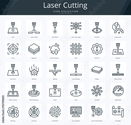 Laser cutting outline icon pack for precision industrial cutting and prototyping technology