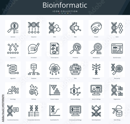 Bioinformatics outline icon pack for data science and biotechnology such as gene and dna