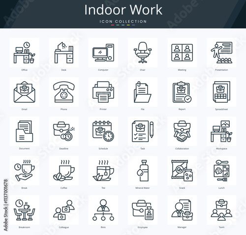 Indoor work outline icon pack for business office and workspace equipment