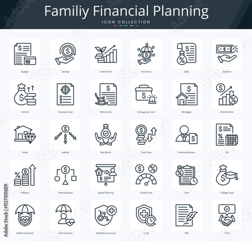 Family financial planning outline icon pack for money saving and wealth management 