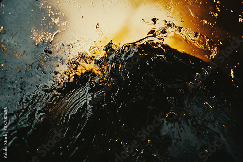 Abstract motion of dark oil-slicked water catching golden light with dynamic ripples and rich contrasting textures
 photo