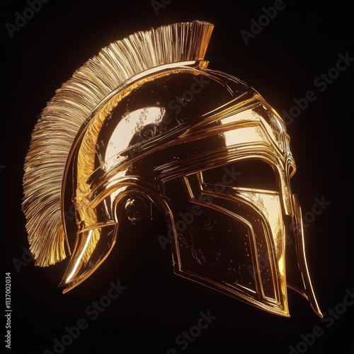 A stunning golden Roman helmet is displayed, featuring a prominent crest and detailed engravings. The warm light highlights its polished surface, emphasizing its historical significance photo