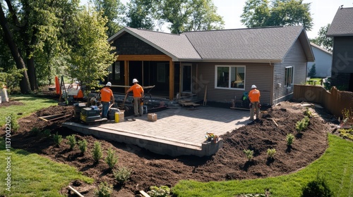 A team works diligently on a new patio installation in a backyard. Grass and landscaping surround the area, with workers focused on laying stones and shaping the landscape