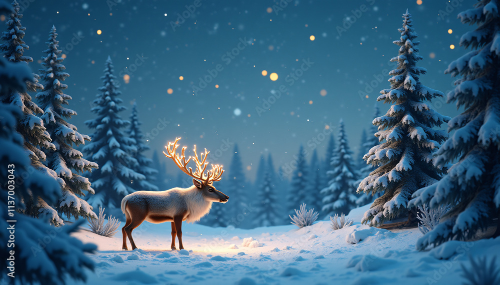 Magical reindeer with glowing antlers in a snowy forest during winter twilight for festive themes Magical reindeer with glowing antlers in a snowy forest during winter twilight for festive themes