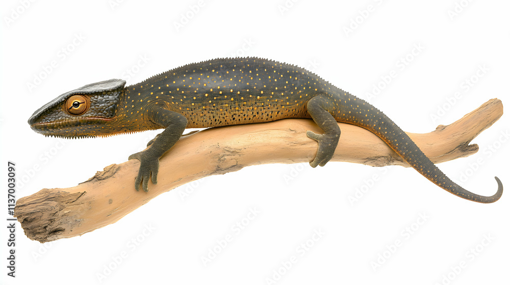 A vibrant chameleon, speckled with gold, gracefully perched on a weathered branch against a stark white background. Ideal for scientific, educational, or nature-themed projects. A vibrant chameleon, speckled with gold, gracefully perched on a weathered branch against a stark white background. Ideal for scientific, educational, or nature-themed projects.