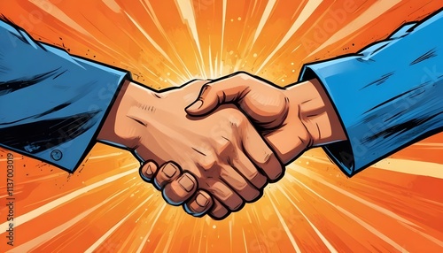 Two hands shaking in a handshake gesture against an orange and blue comic book style background with rays of light