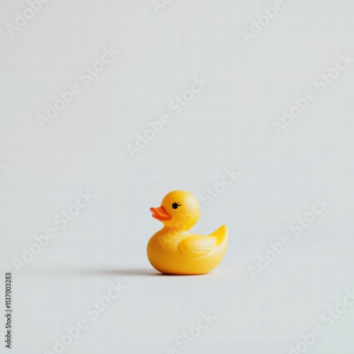 A cheerful yellow rubber duck sits alone on a smooth white surface, evoking a sense of nostalgia and playful childhood memories, perfect for bath time fun photo