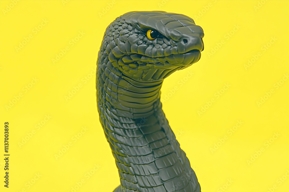 Fototapeta premium Close-up of a dark, textured snake figurine against a vibrant yellow backdrop. The snake's head is turned slightly, showcasing intricate detailing.