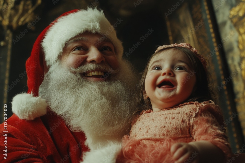 Obraz premium Yule promotion creative pic for magazine ad and internet marketing use. Jolly christmas, Ñute baby girl joyful with santa claus. Christmas happiness ads. Santa claus holding child.