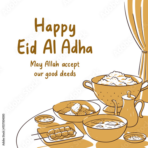 Happy eid al adha square banner with eid cuisine illustration