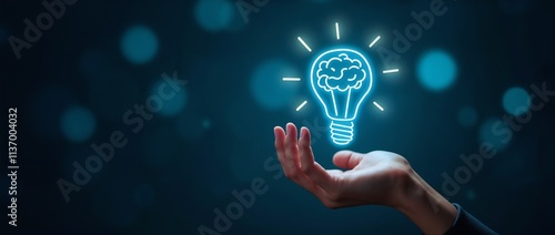 Glowing lightbulb featuring a brain symbol above an outstretched hand, symbolizing innovation and creativity in a conceptual and abstract setting.

 photo