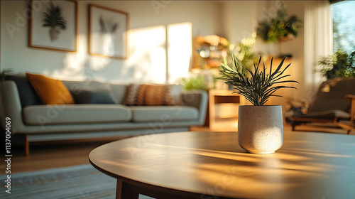 LOW CAMERA ANGLE IN FRONT OF A clean and empty coffee table Modern cozy interior with nice furniture and lighting ideal for home decor content off white color walls photo