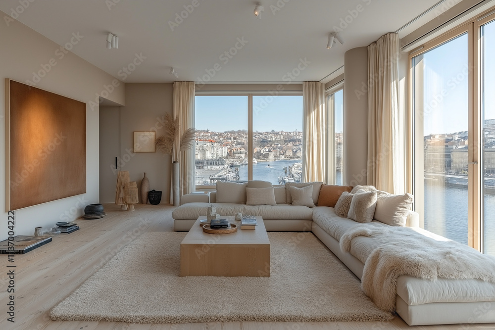 Fototapeta premium Photographie immobilière d'un salon cosy ambiance zen et cocooning avec parquet clair et lumière naturelle