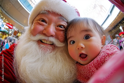 Xmas advertising conceptual art picture shot for poster and internet marketing use. Joyful christmas, Ñute baby girl entertainment with santa claus. Joyful celebrations images. Xmas photo ad. photo