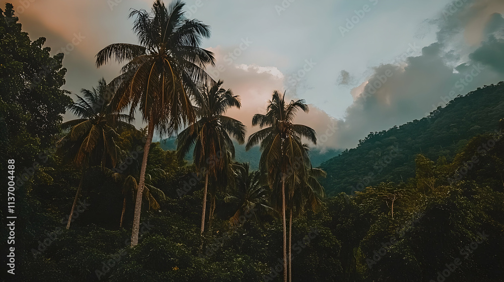 Serene sunset view of lush tropical palm trees against a dramatic, cloudy sky and mountainous backdrop. A peaceful, exotic scene perfect for travel or nature-themed projects. Serene sunset view of lush tropical palm trees against a dramatic, cloudy sky and mountainous backdrop. A peaceful, exotic scene perfect for travel or nature-themed projects.