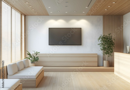 Design of a Japanese dental clinic waiting area white walls with a wooden floor the wall has one large screen TV at the back and two decorative oak wood blinds A fe photo