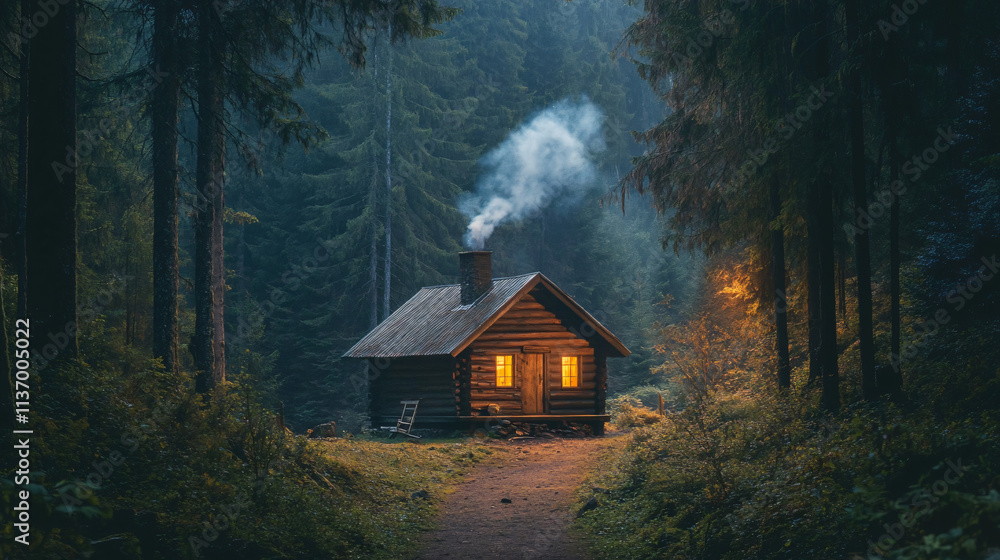 A lonely wooden cabin in the middle of a dense forest, smoke rising from the chimney as twilight descends. A lonely wooden cabin in the middle of a dense forest, smoke rising from the chimney as twilight descends.