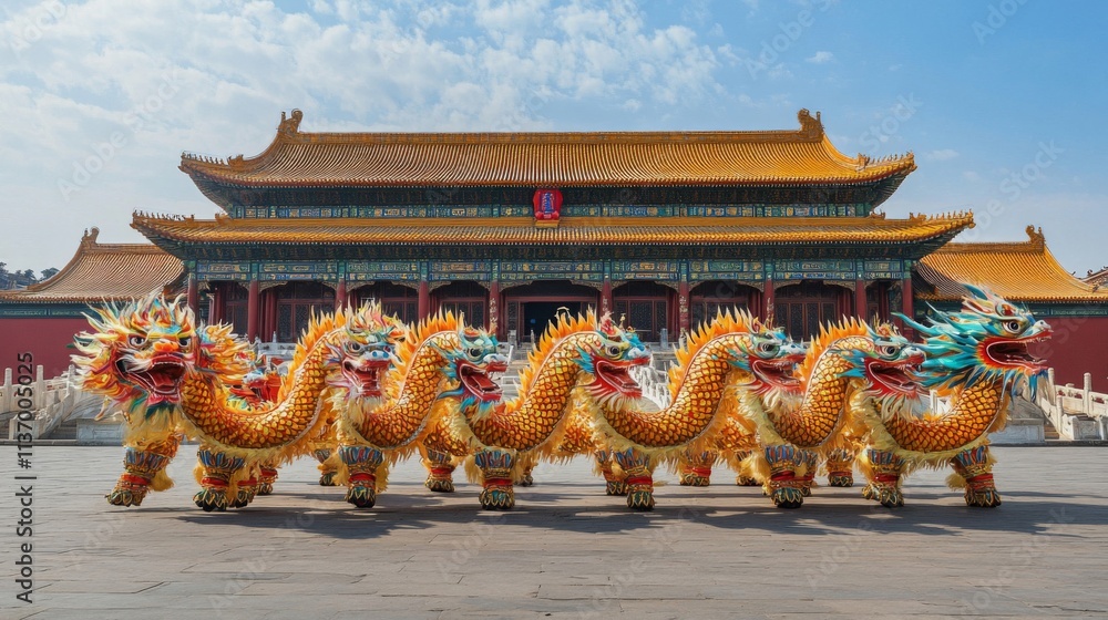 Fototapeta premium Dragon Dance Performance at a Magnificent Palace