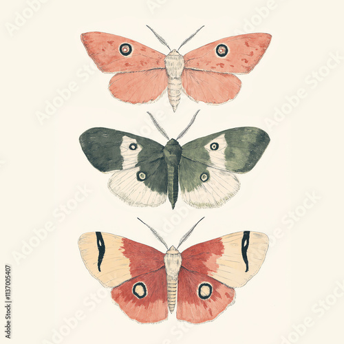 An illustration of three species of butterflies showing their unique colours and patterns against a light background. photo