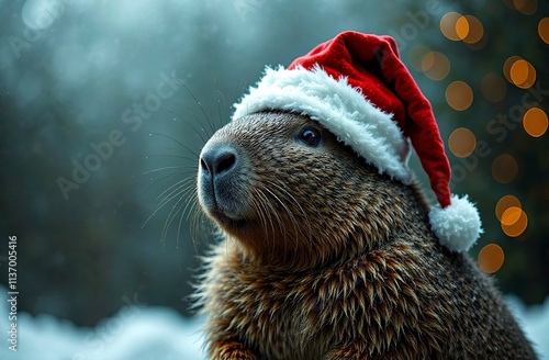 Cute capybara in red Santa hat. A funny animal for a card for Merry Christmas or New Year. Banner for an advertising campaign. Poster for the December holidays. Blurred winter landscape background photo