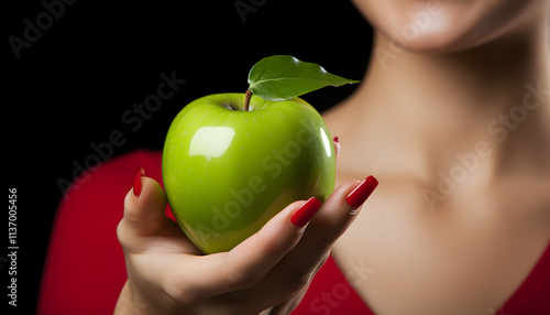 Woman's hand with red nails delicately holding a vibrant green apple against a dark background.  A symbol of health and temptation.