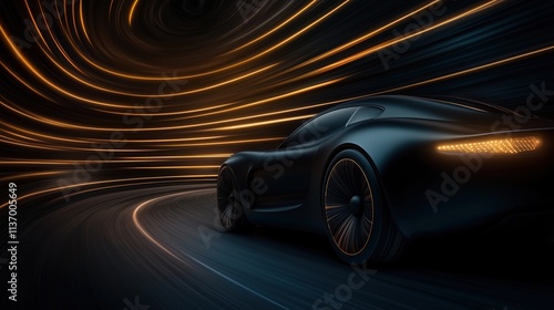 Futuristic silhouette of the car in motion, aerodynamic body, high-tech and ultra-modern look. Stripes of yellow neon light and shadow create a tunnel on dark tones, a sense of speed and energy.