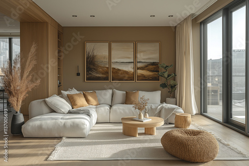 Photographie immobilière d'un salon cosy ambiance zen et cocooning avec parquet clair et lumière naturelle