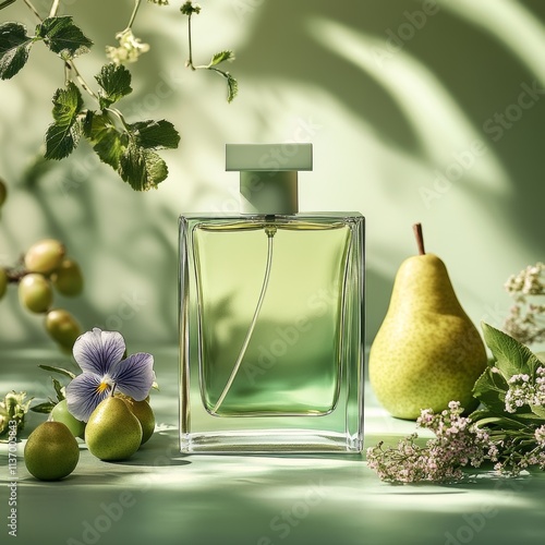 Green Perfume Bottle Surrounded by Pear and Floral Elements in Nature photo