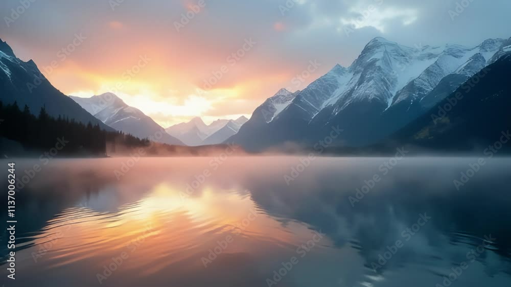 A peaceful lake at sunrise with mist rising from the water and mountains in the distance A peaceful lake at sunrise with mist rising from the water and mountains in the distance