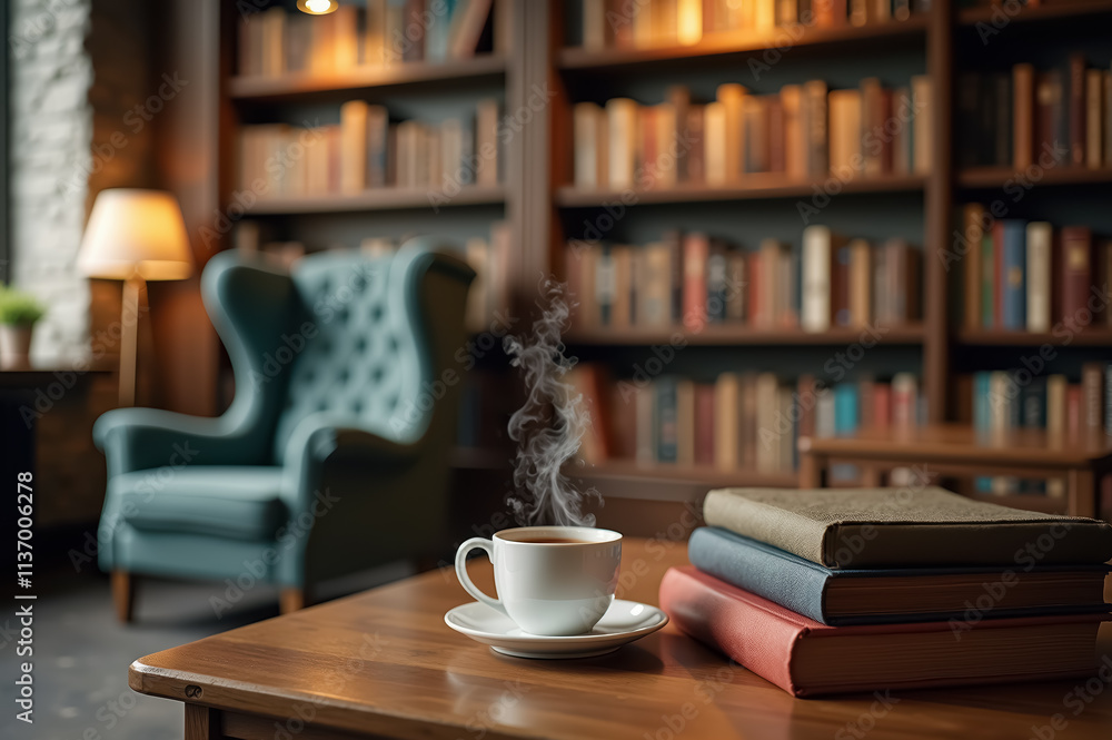 Cozy library corner with armchair and steaming coffee cup on table Cozy library corner with armchair and steaming coffee cup on table