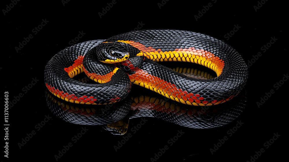 Obraz premium Striking coral snake, vibrant red and yellow markings against sleek black scales, isolated on black background. Perfect for wildlife, nature, or reptile-themed projects.
