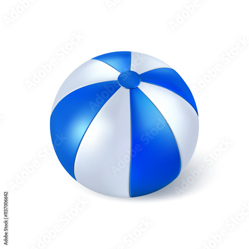 Beach ball, summer inflatable pool toy. Vector isolated 3d render. Ocean island party beachball. Circus clown icon, blue white water balloon. Navy color realistic plastic object, inflate to game