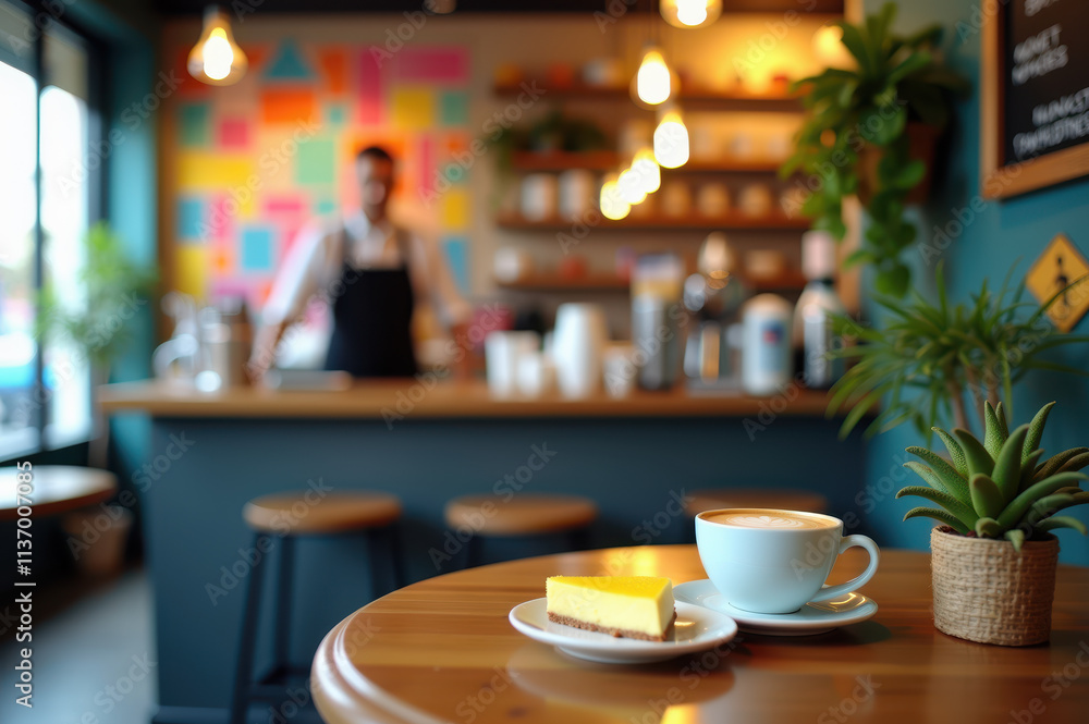 Cozy cafe ambiance with coffee and cheesecake on wooden table Cozy cafe ambiance with coffee and cheesecake on wooden table